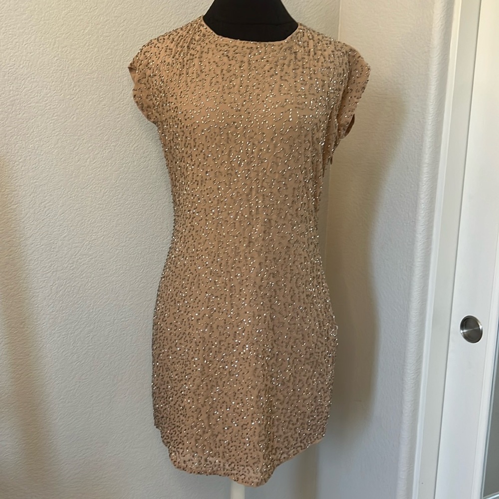 bebe Nude Beaded Cap-Sleeve Shift Dress